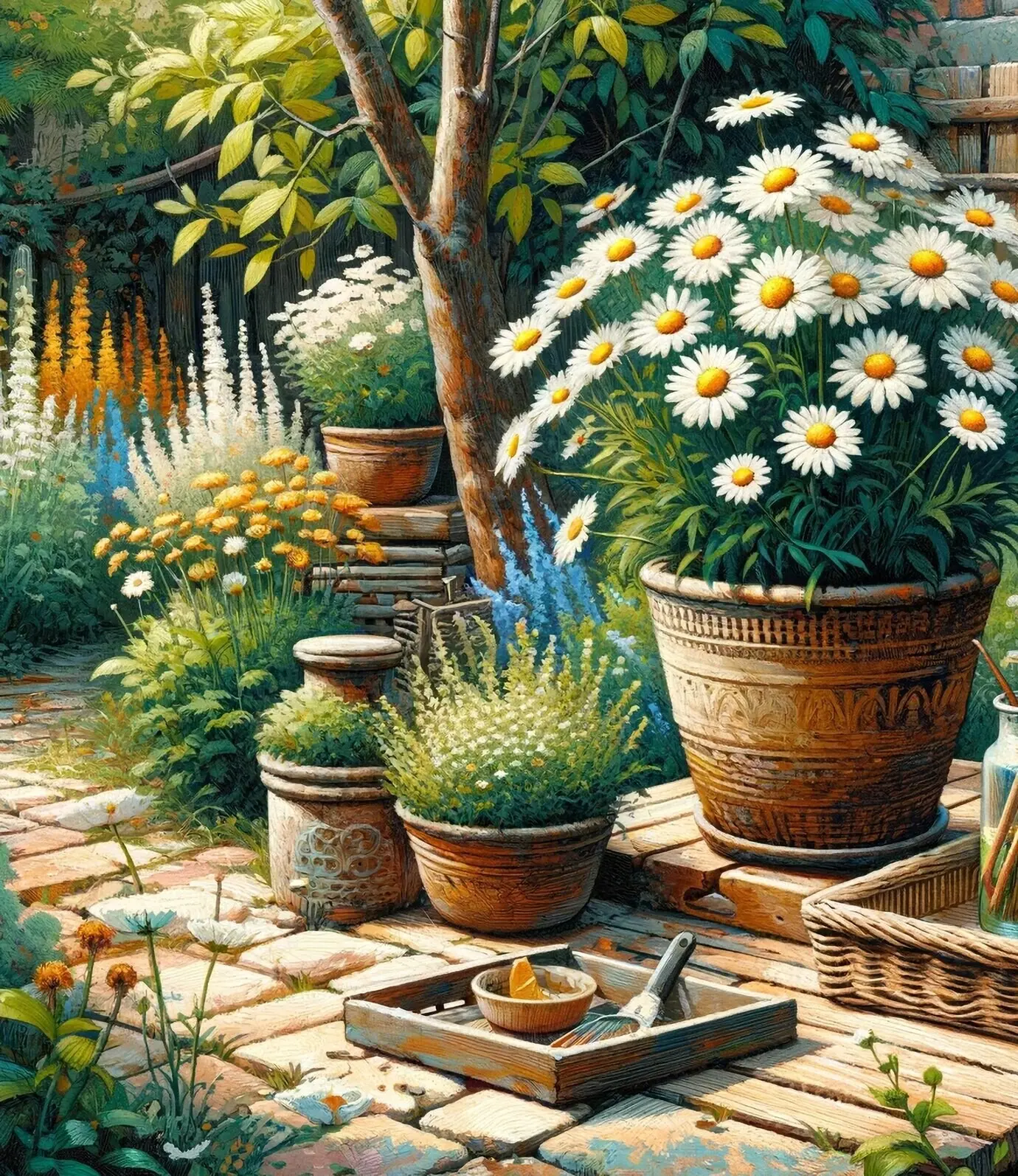 Blick auf einen Hinterhofgarten im Stil digitaler Kunst