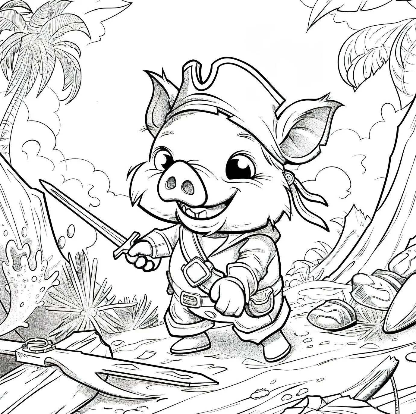 Einfarbiges Ausmalbild mit Piraten im Strichzeichnungsstil