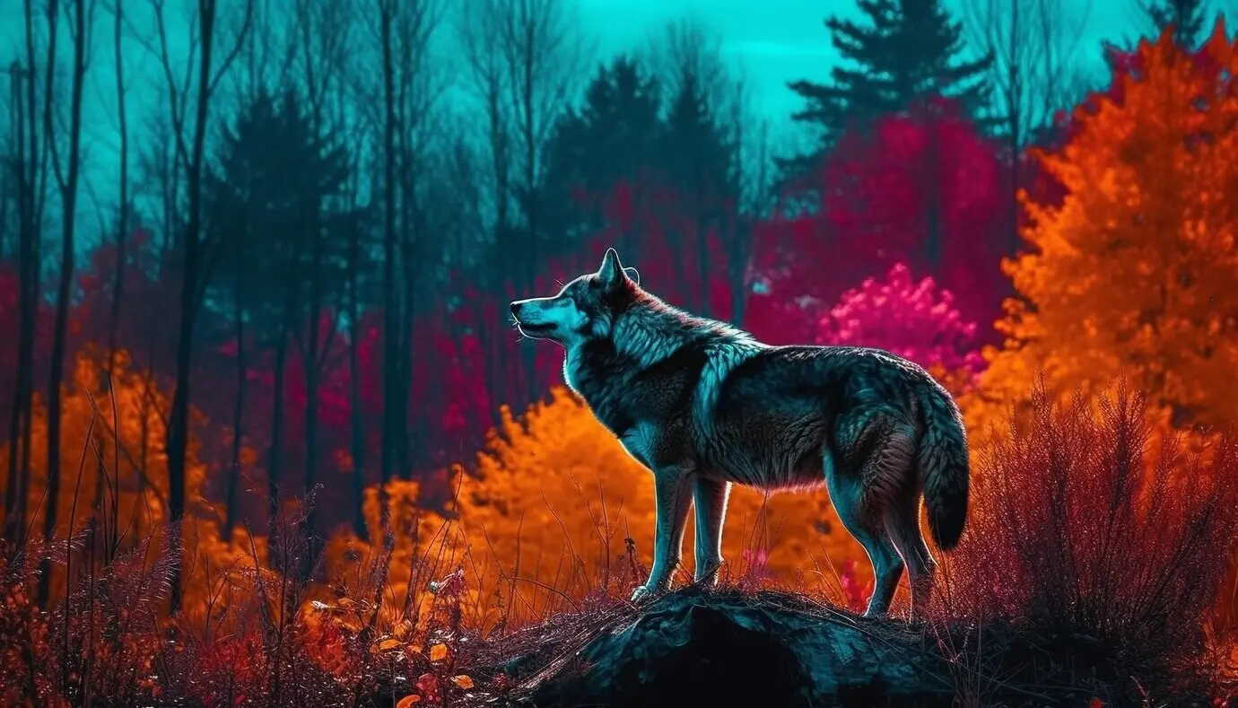 Ein Wolf steht in einem Wald vor einem bunten Hintergrund.